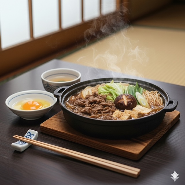 Sukiyaki hot pot with thinly sliced beef, vegetables, and clear broth