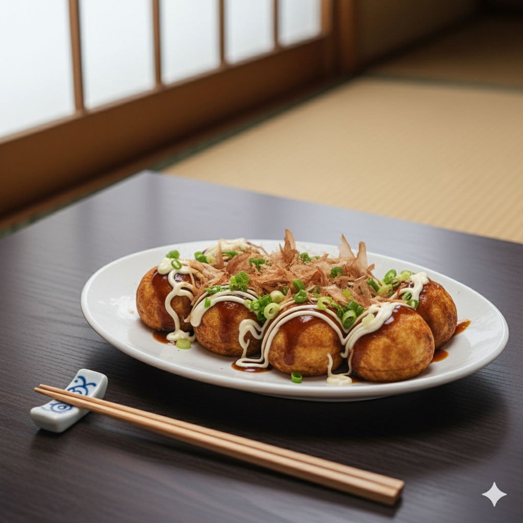 Hot takoyaki (octopus balls) drizzled with sauce and mayonnaise