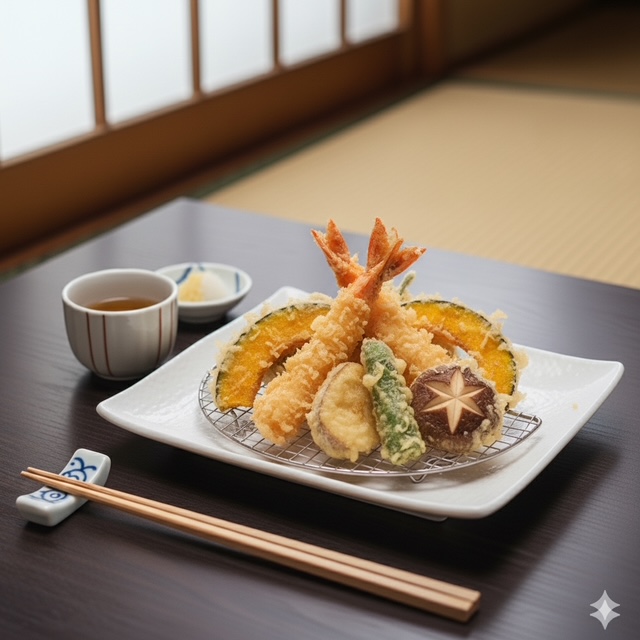 Crispy golden tempura shrimp and vegetables