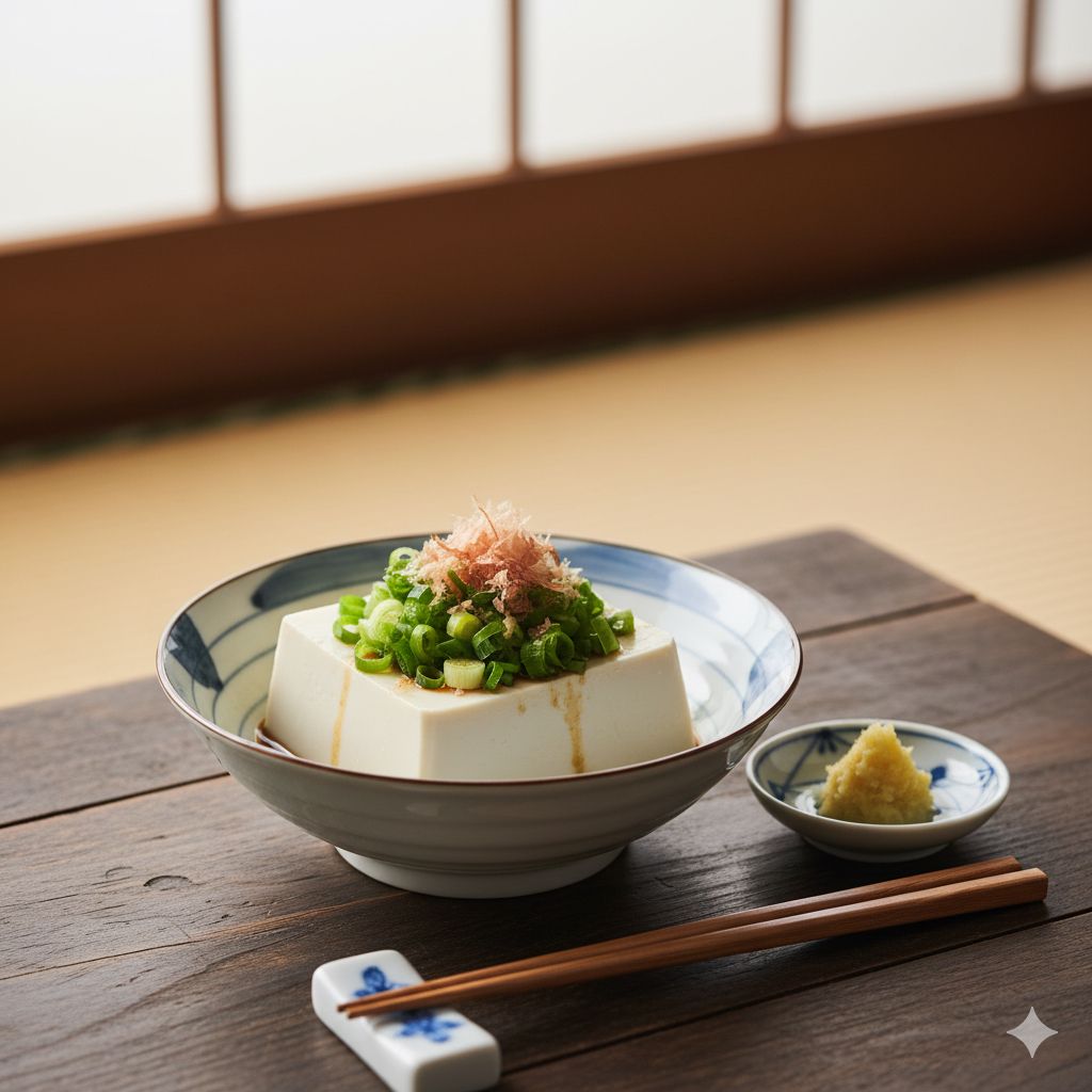 Gently braised tofu with green onions, served in a traditional Japanese bowl