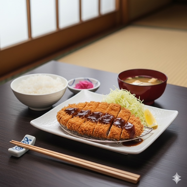 Thick, breaded tonkatsu (pork cutlet) with shredded cabbage