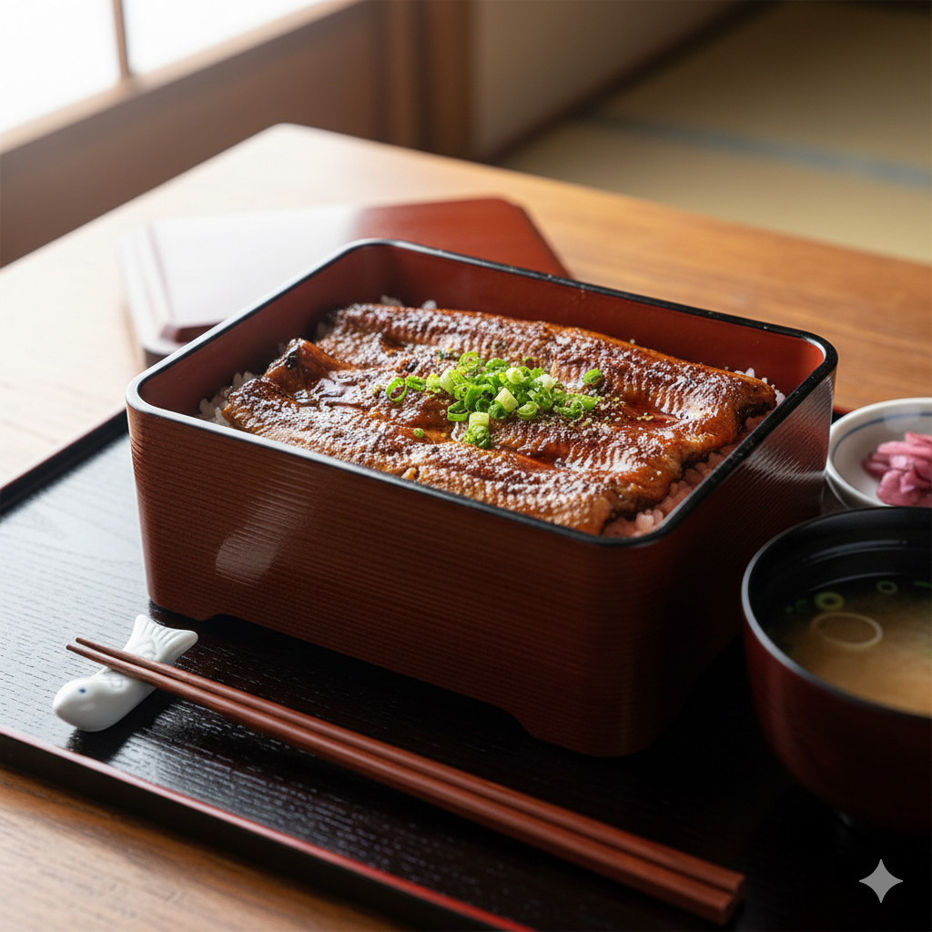 Unaju, grilled eel over rice, served in a lacquered box